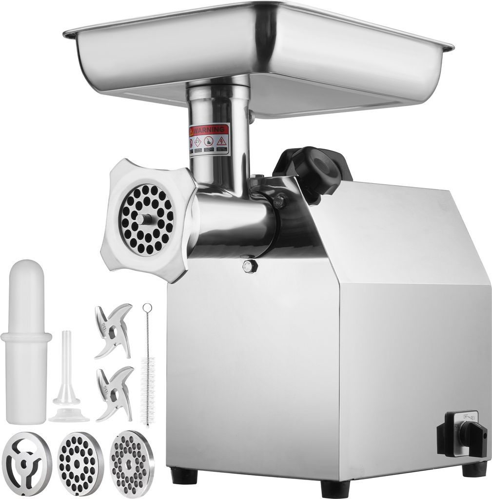A stainless steel electric meat grinder with accessories, shown on a white background.