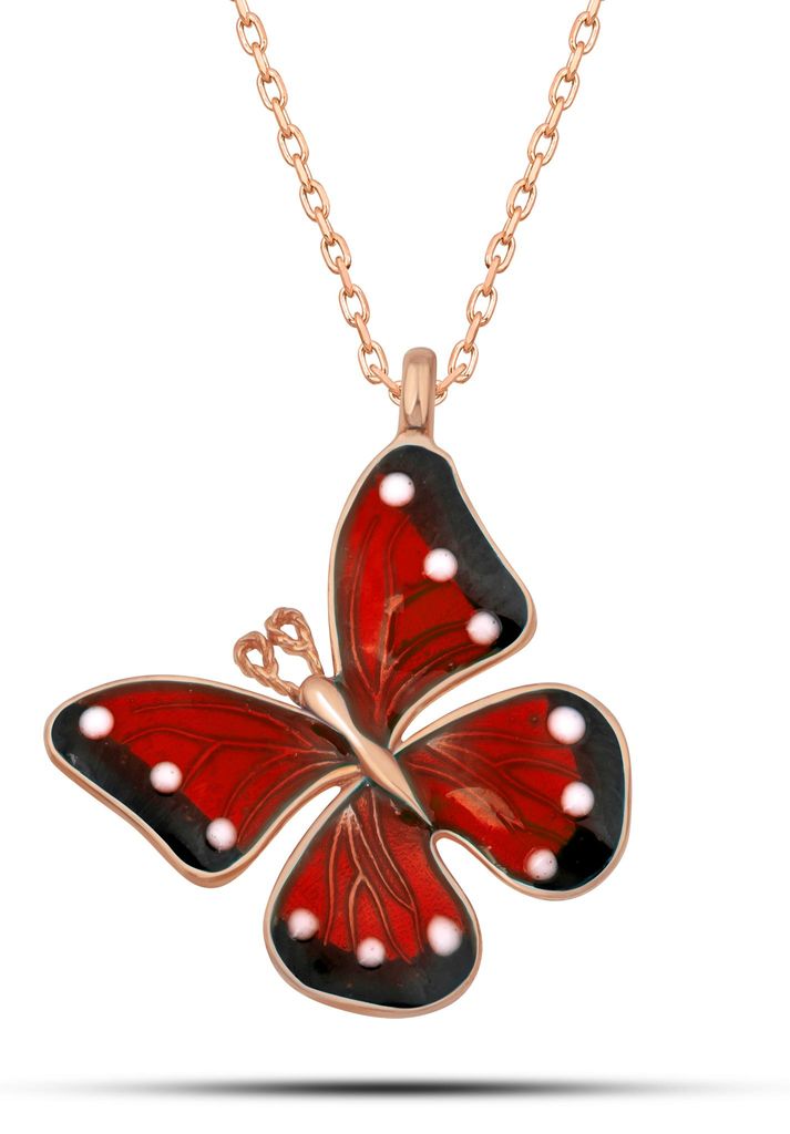 Edle 925 Silber Kette Rosegold – Elegante Halskette mit rot emailliertem Schmetterling