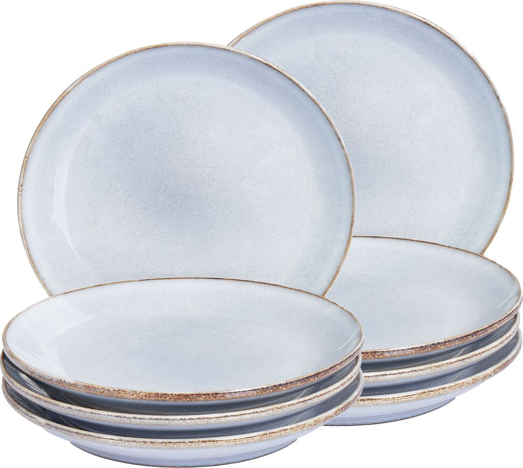 BELIANI Dessertteller Set Hellblau Steinzeug Ton und Kaolin für 8 Personen Rund 21 cm mit Braunem Rand Rund Handgefertigt Retro Geschirr Set