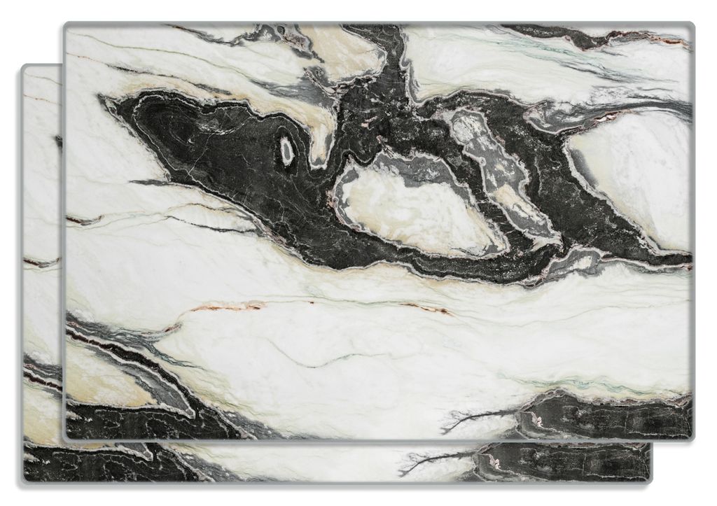 Wallario Frühstücksbrettchen 2er Set aus Glas, je 20 x 30 cm, mit rutschfesten Füßen, Motiv Schwarz-Weiße Marmor-Optik