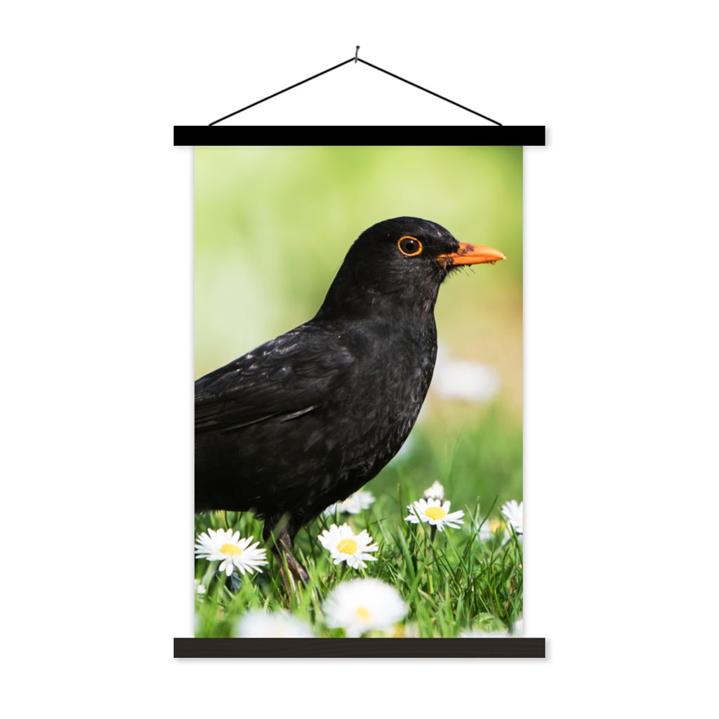 MuchoWow Textilposter Vogel - Amsel - Blumen 60x90 cm mit schwarzem Rahmen - Poster Wohnzimmer