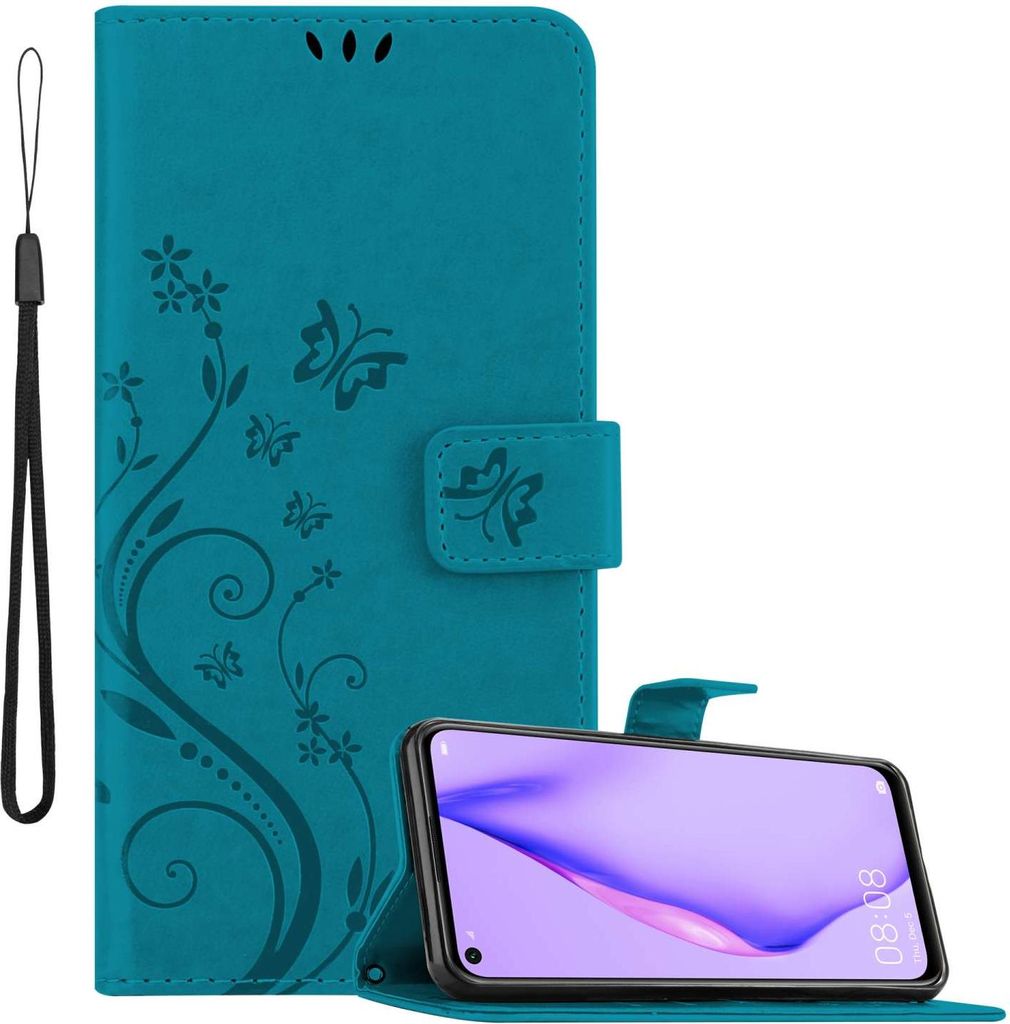 Cadorabo Hülle für Huawei P40 LITE 5G / NOVA 7 SE in FLORAL BLAU Schutzhülle im Blumen Design mit Magnetverschluss, Standfunktion und Kartenfäc...