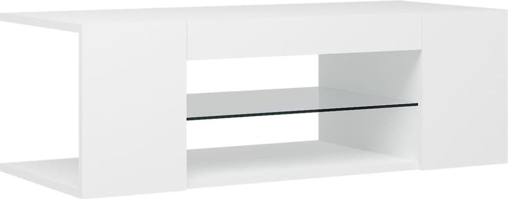 A white TV stand with a glass shelf.