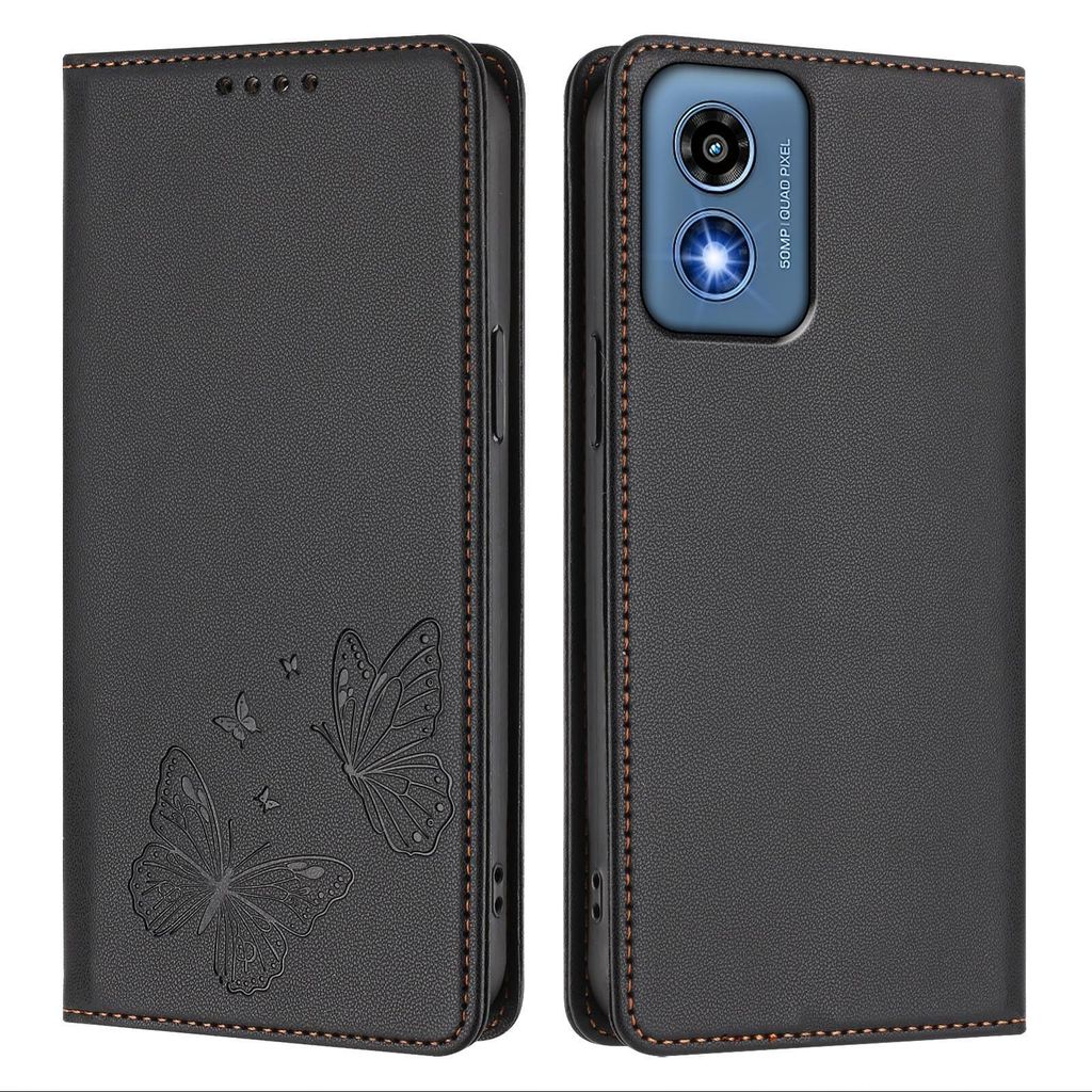 Lederhülle für Motorola Moto G 5G 2024, Schmetterling Prägung Leder Brieftasche Schutzhülle mit Ständer Schwarz