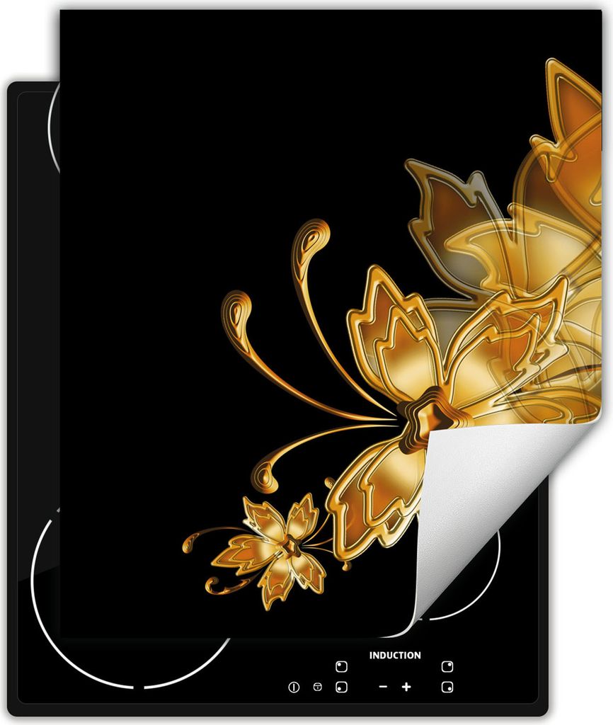 DarHaus Herdabdeckplatte 45x52 cm Anti Rutsch Matte Aufrollbar, schwarz - gold - Blumen