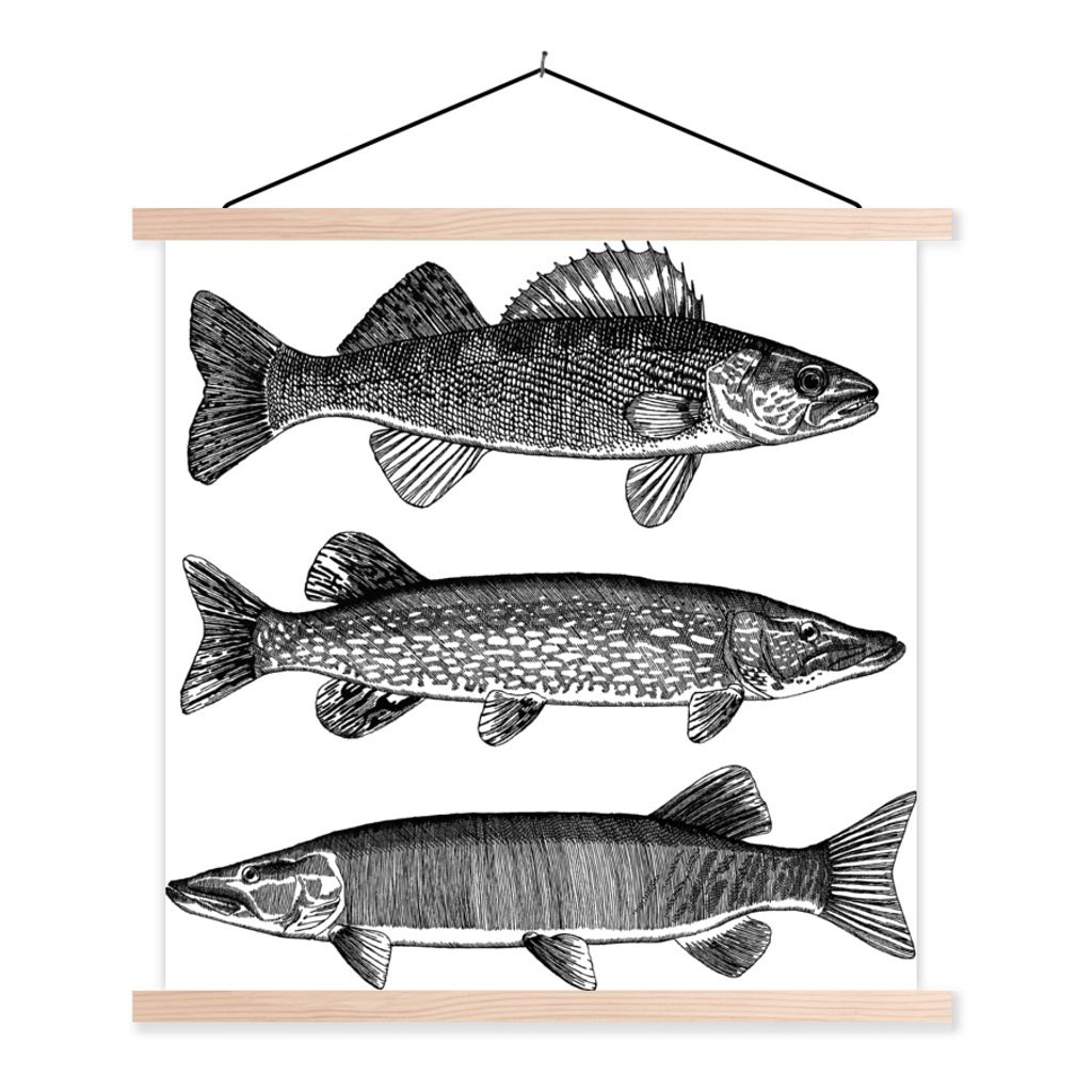 MuchoWow Textilposter Eine Illustration von drei Fischen 60x60 cm mit holzfarbenen Rahmen - Wanddekoration