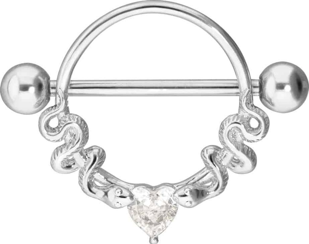 Chirurgenstahl Nippelpiercing KRISTALLHERZ + 2 SCHLANGEN