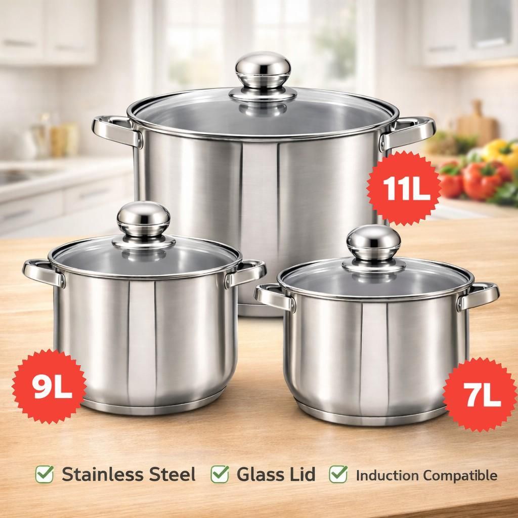 Kitchen Utensil Set Klönberg | 6pcs Induction Cookware Set | 7L 9L 11L | XXL Pots | Stainless Steel | Hardened Glass Lids |Comfortable Handles |KB...