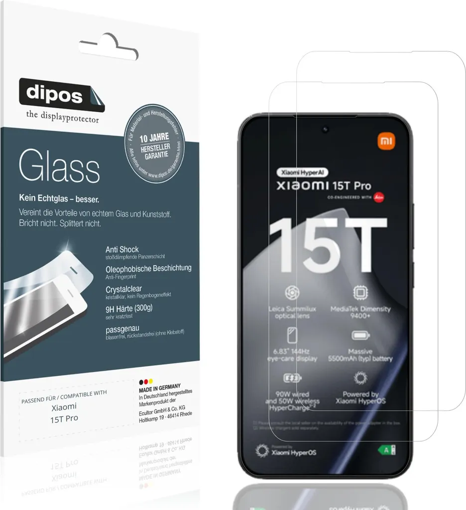 2 Pezzi Pellicola dipos Xiaomi 15T Pro - Vetro 9H Antigraffio Flessibile