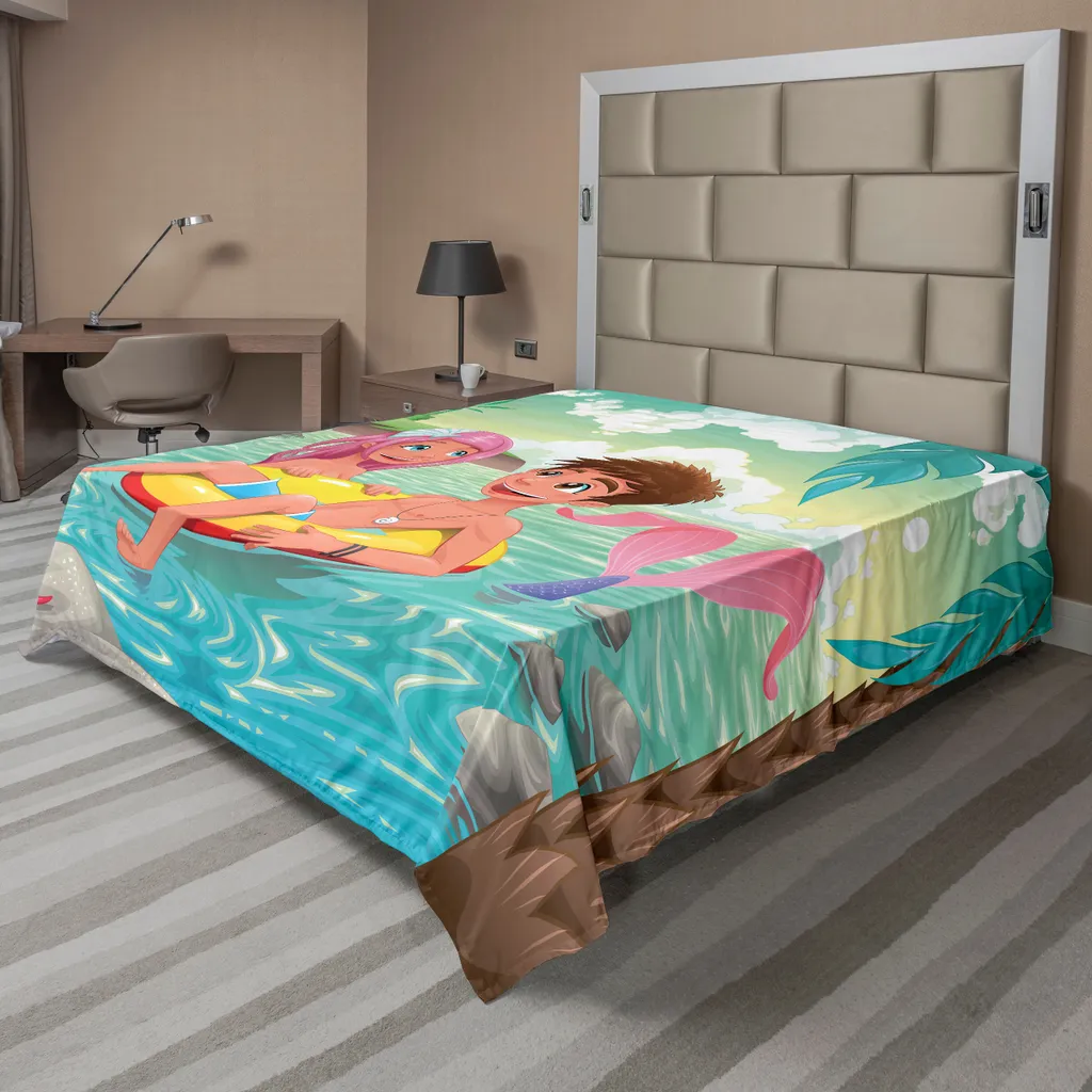 Drap de Lit Plat Thème Sirène, Linge de Lit Décoratif 1 Pièce 275x260cm