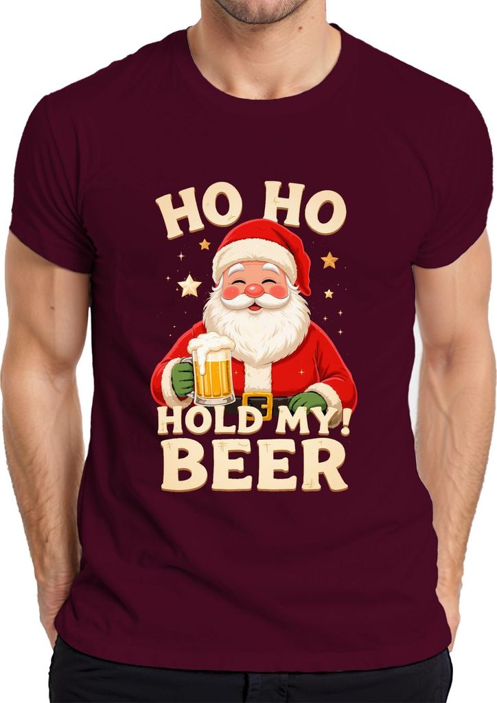Ho Ho Hold My Beer Weihnachtsmann Bier Weihnachten Geschenk Herren T-Shirt, Burgundy, L