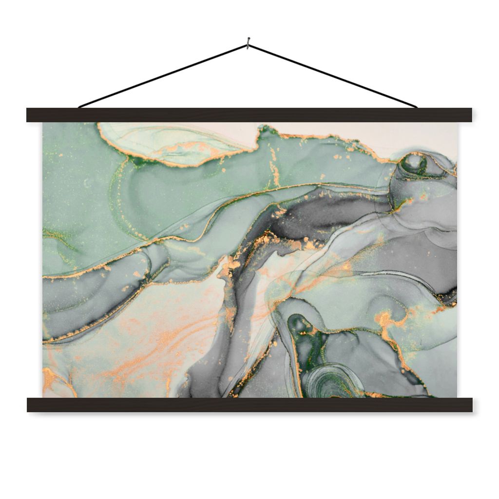 MuchoWow Textilposter Gold - Marmor - Grün - Luxus - Glitzer - Marmoroptik 90x60 cm mit schwarzem Rahmen - Aufhängungssatz