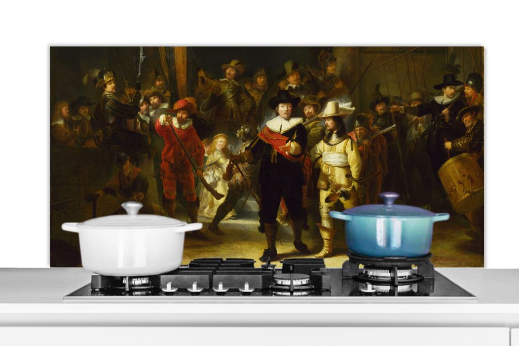KitchenYeah Spritzschutz Küche - Küchenrückwand - Wandschutz für Herd und Spüle - Die Nachtwache - Rembrandt van Rijn 120x60 - Alu-Dibond (...