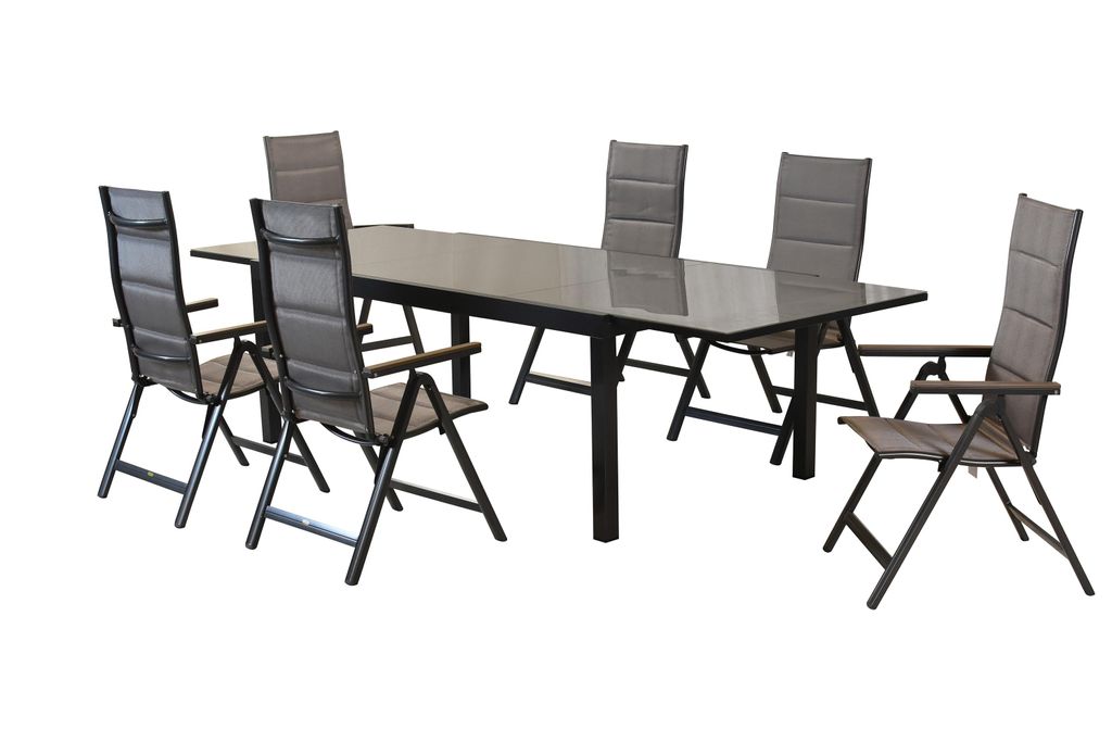 A set of outdoor dining furniture, including a table and chairs, displayed on a white background.