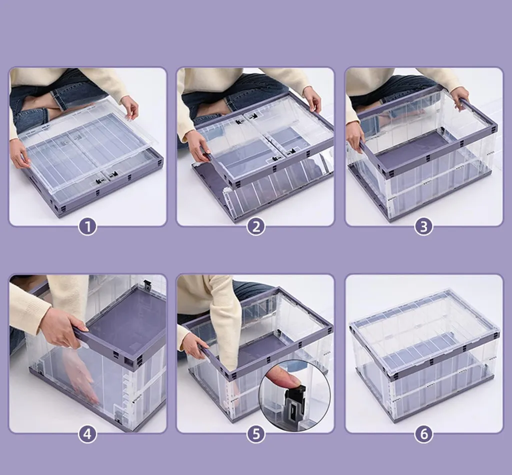 Bacs pliables robustes violets 55L avec couvercle - Rangement empilable
