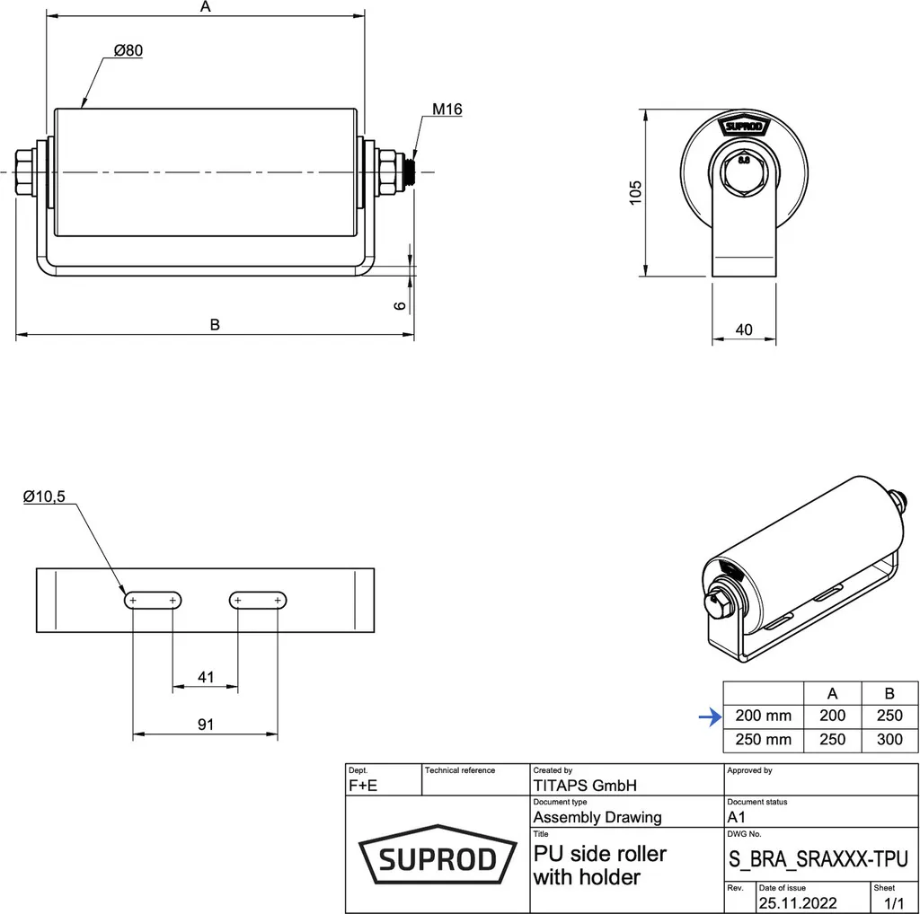 Rullo laterale in poliuretano con supporto rotolo rimorchio per barca zincato SUPROD, 200 mm, blu - 4