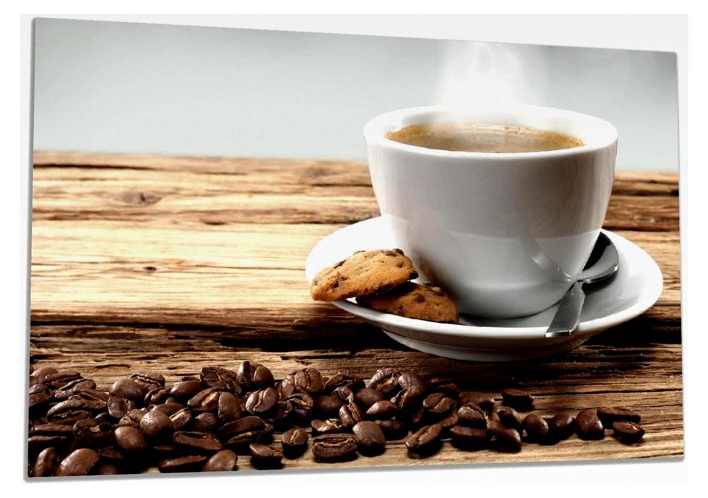 Herdabdeckplatte aus Glas, 1-teilig, 80x52cm, für Glaskeramik- und Induktionsherde - Motiv: Heiße Tasse Kaffee mit Kaffeebohnen