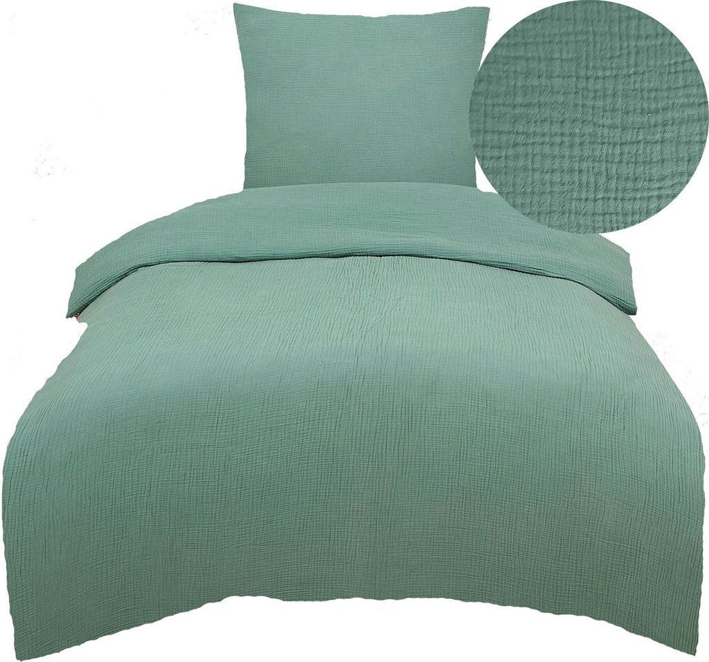 2-tlg. Musselin Baumwoll Bettwäsche, 135x200 +80x80cm, uni/einfarbig jade-grün, bügelfrei
