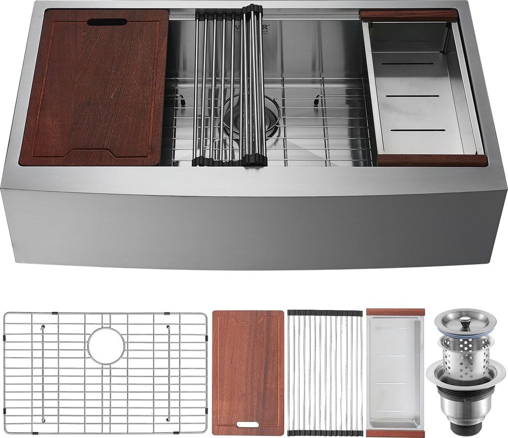 Bauernhaus-Küchenspüle, Einbauspüle 304-Edelstahl, Eingebauter Küchenspüle mit Schneidebrett & Abtropfkorb & Sieb, Haushaltsspülbecken Einzel...