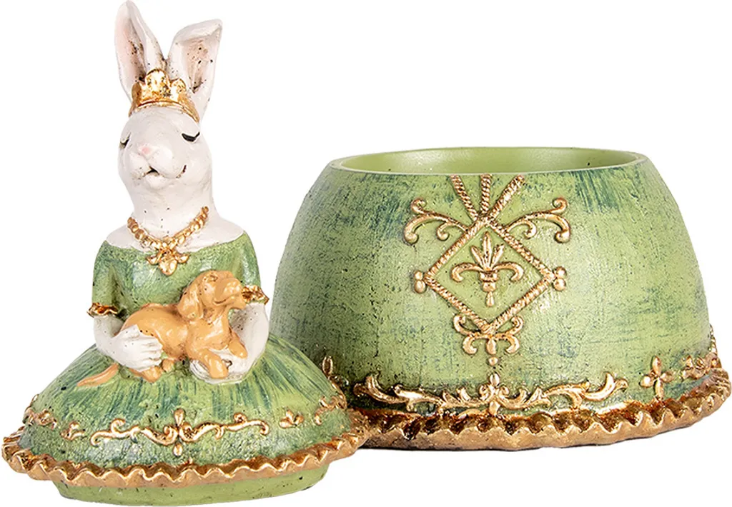 Boîte à bijoux beige et verte au design de lapin champêtre