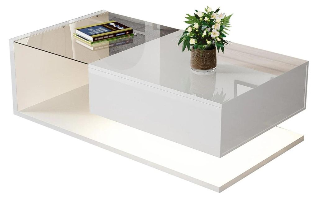 Couchtisch - Wohnzimmertisch - Hochglanz - LED-Beleuchtung - Glasplatte - Mit Stauraum - 105×55×32,5 cm - Weiß