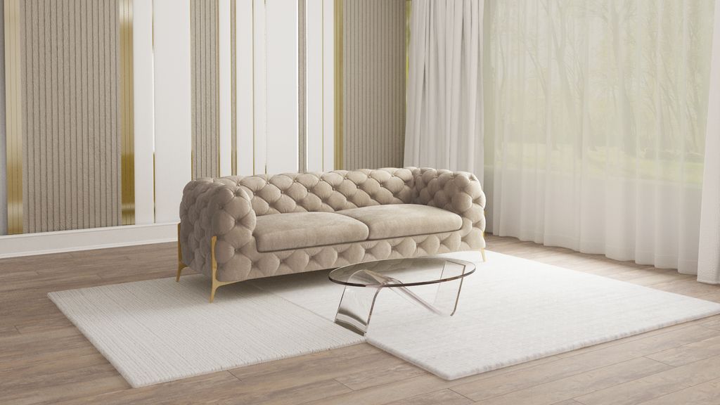 S-STYLE MÖBEL - Chesterfield Sofa 3-Sitzer Nova mit Goldene Metall Füßen aus Dunkle Creme Samtstoff, B/T/H: 225 cm/ 100 cm/ 75 cm