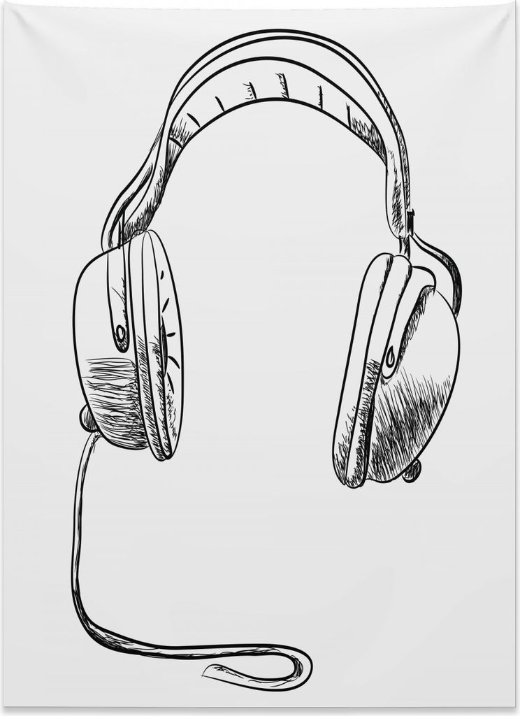 Abakuhaus Musik Wandteppich, Skizzenhafte DJ-Kopfhörer aus Weiches Mikrofaser Stoff Kein Verblassen Klare Farben Waschbar, 110 x 150 cm, Weiß Sch...