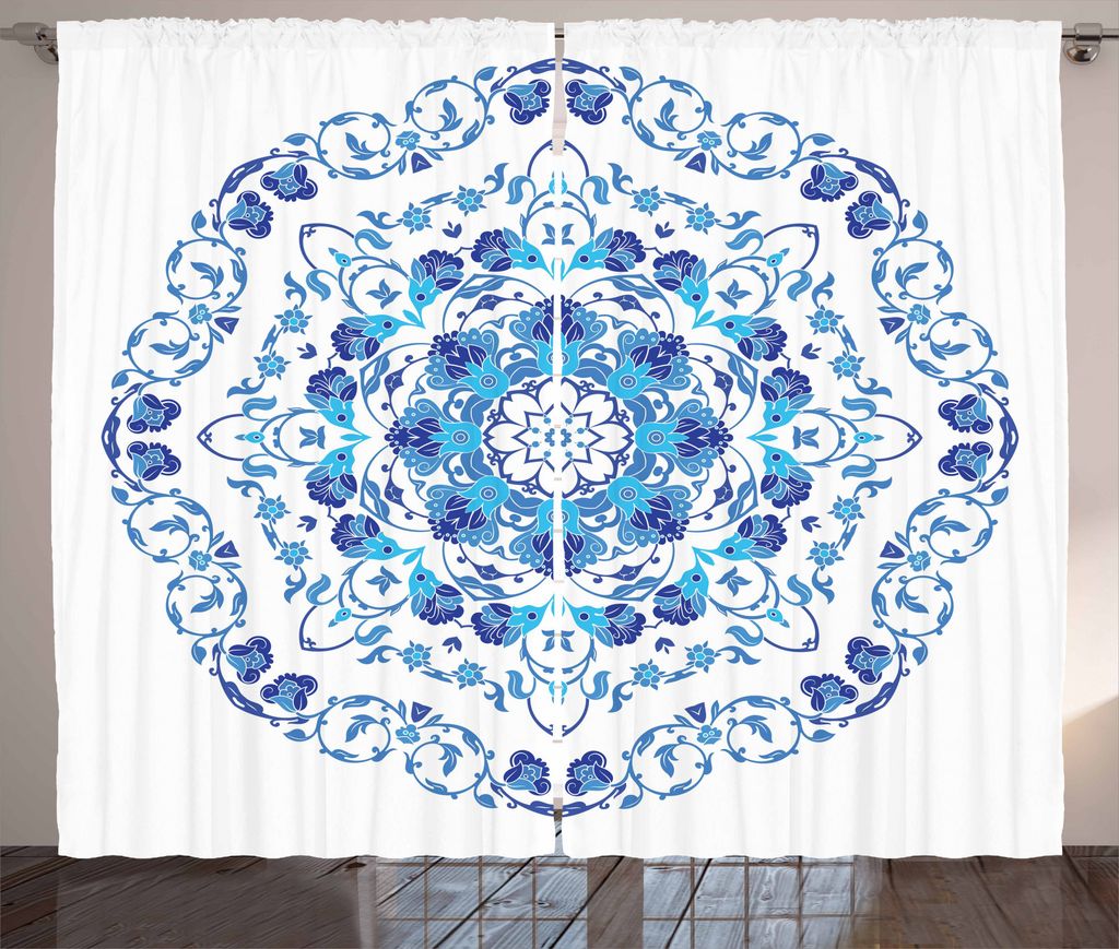 ABAKUHAUS Vintage Blue Rustikaler Vorhang, Reiche Blumenzier, Wohnzimmer Universalband Gardinen mit Schlaufen und Haken, 280 x 175 cm, Himmelblau u...