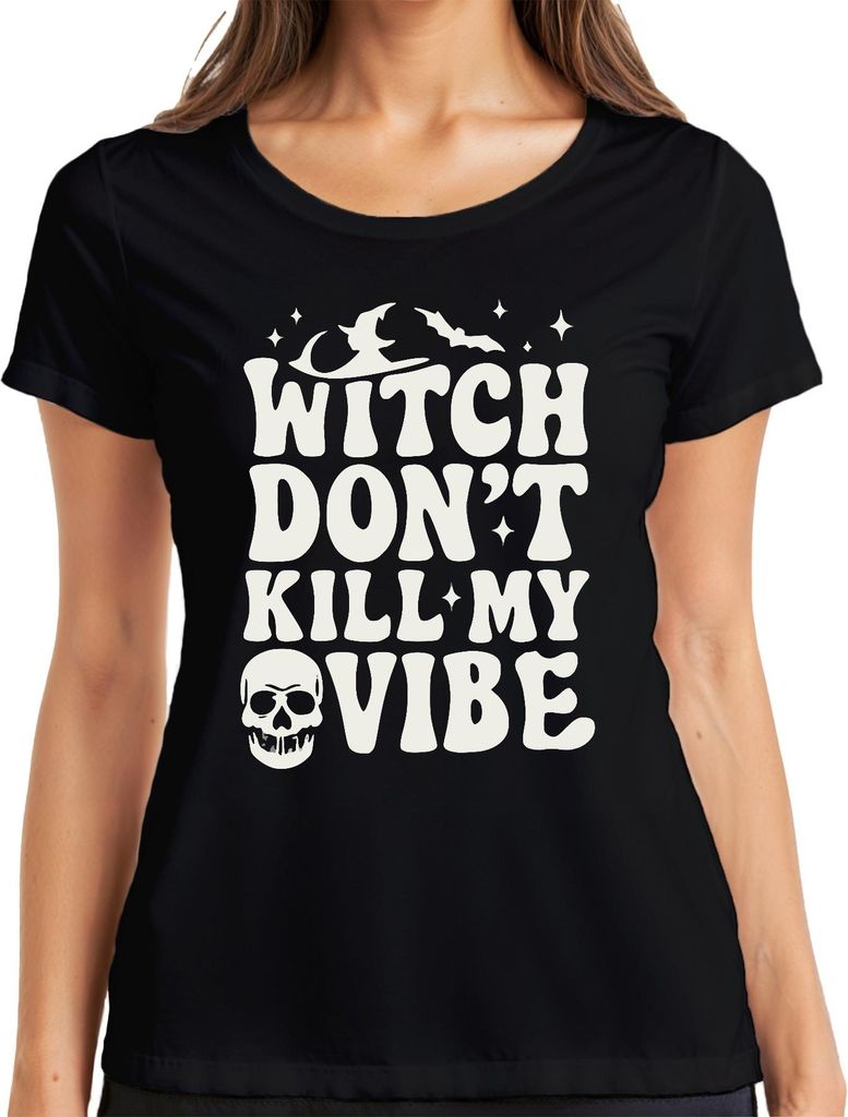 Witch Don't Kill My Vibe Halloween Totenkopf Fledermaus Hexe Spruch Damen T-Shirt, Schwarz, S