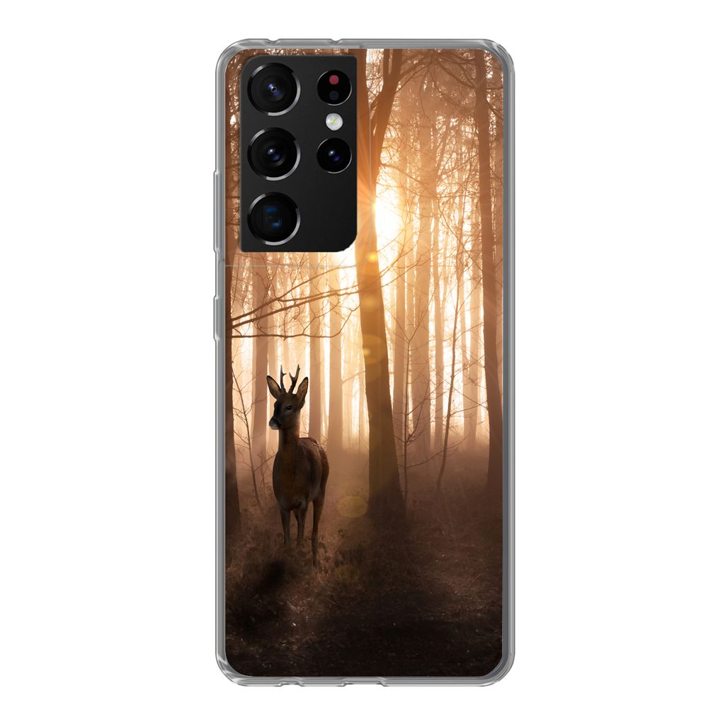 MuchoWow Handyhülle Schutzhülle Hülle für Samsung Galaxy S21 Ultra Wald - Hirsche - Sonne - Bäume - Winter - Natur - Tiere Silikon Softcase ...