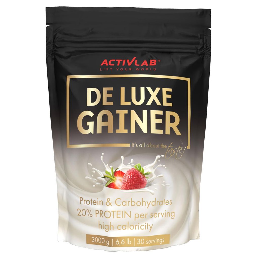De Luxe Gainer 3000 g – Mass Gainer Erdbeere, Whey Protein + Kohlenhydrate für schnellen Muskelaufbau & Regeneration, Activlab