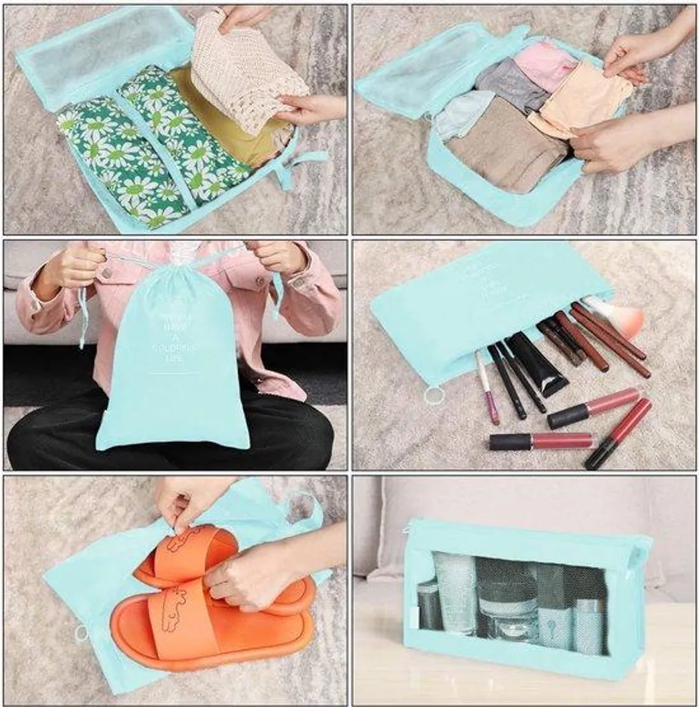 Set de voyage imperméable 8 pièces bleu clair : rangement ultra léger