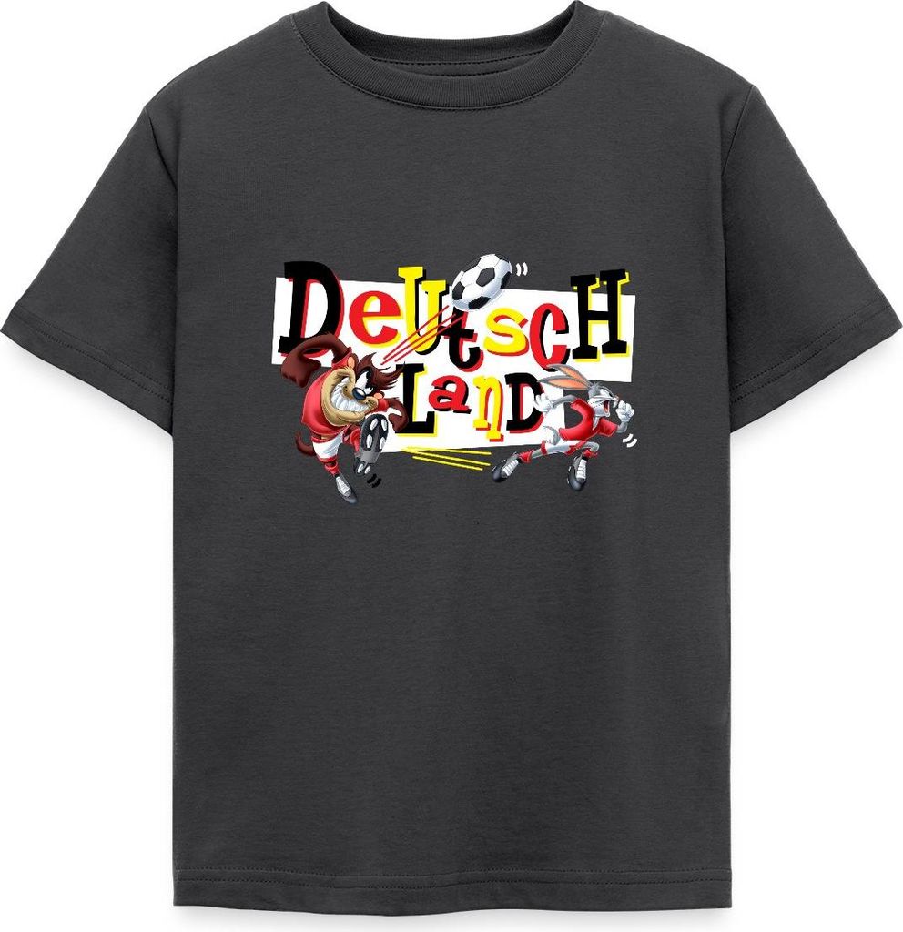 Spreadshirt Looney Tunes Bugs Bunny Taz Fußball Deutschland Kinder T-Shirt, 122/128 (7-8 Jahre), Dunkelgrau