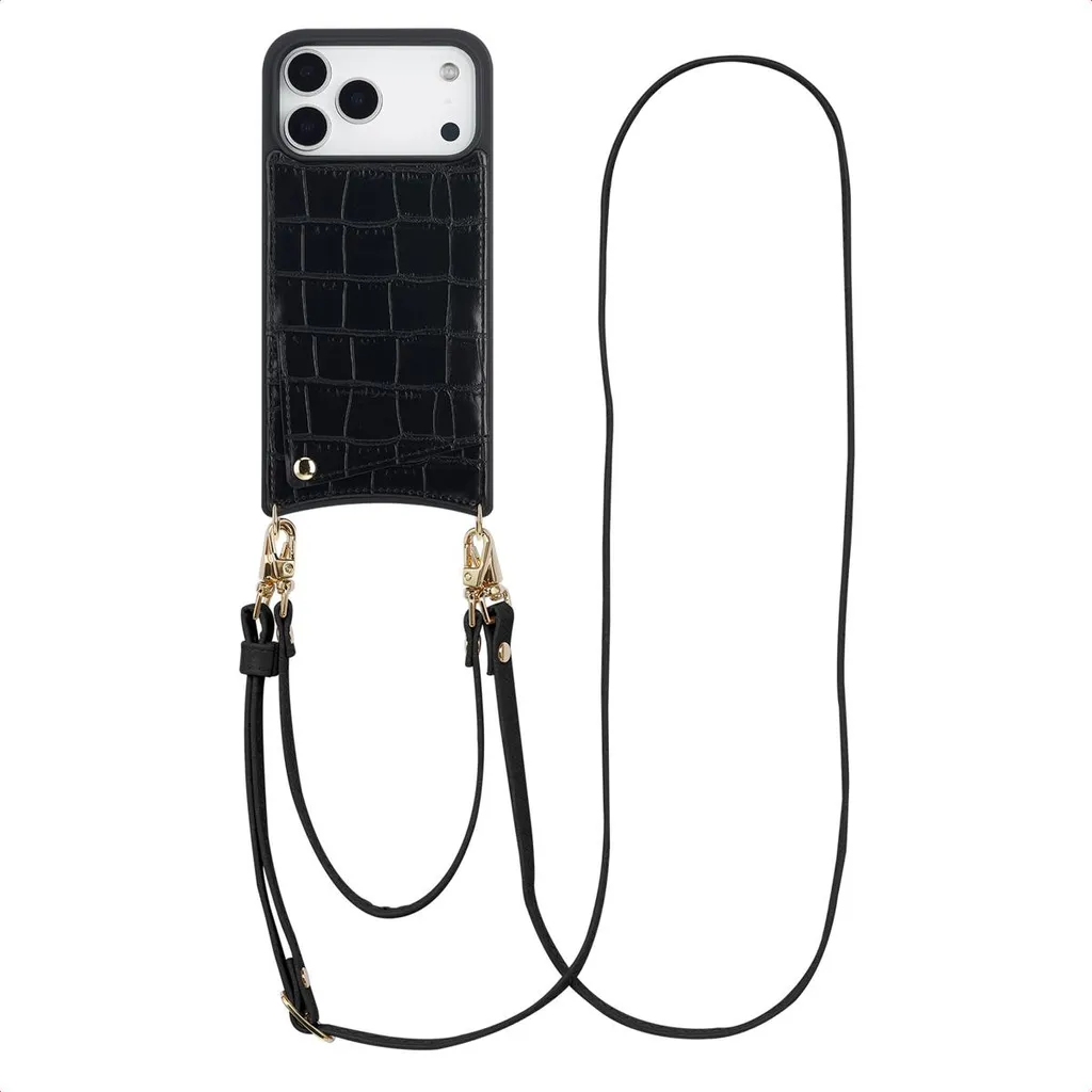 Selencia Nova Croco Cover iPhone 17 Pro Max Nero con Cavo e Porta Carte