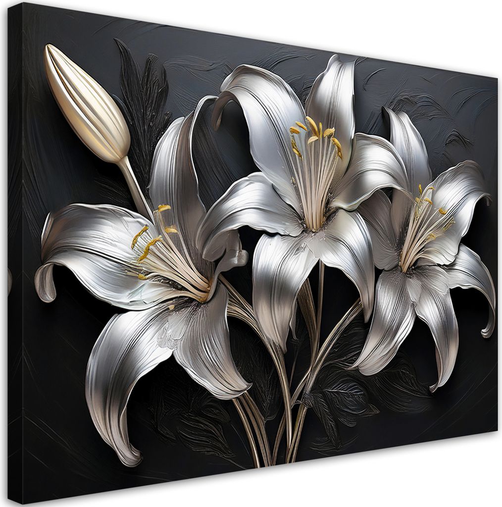Leinwandbild Lilien Silber Bemalte Blumen 100x70 Feeby Silber bild für die wand bereit zum aufhängen