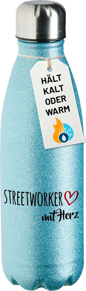 Huuraa Trinkflasche Streetworker mit Herz 500ml Blue Edelstahl Wasserflasche Trinkflasche Geschenkidee