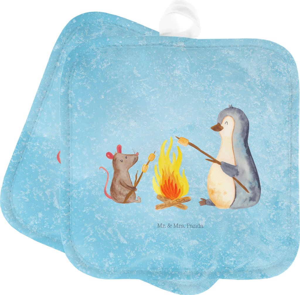 Mr. & Mrs. Panda 2er Set Topflappen Pinguin Lagerfeuer - Eisblau - Geschenk, Maus, topfhalter, Ofenlappen, Grillen, Job, Topfuntersetzer, Kochlappe...