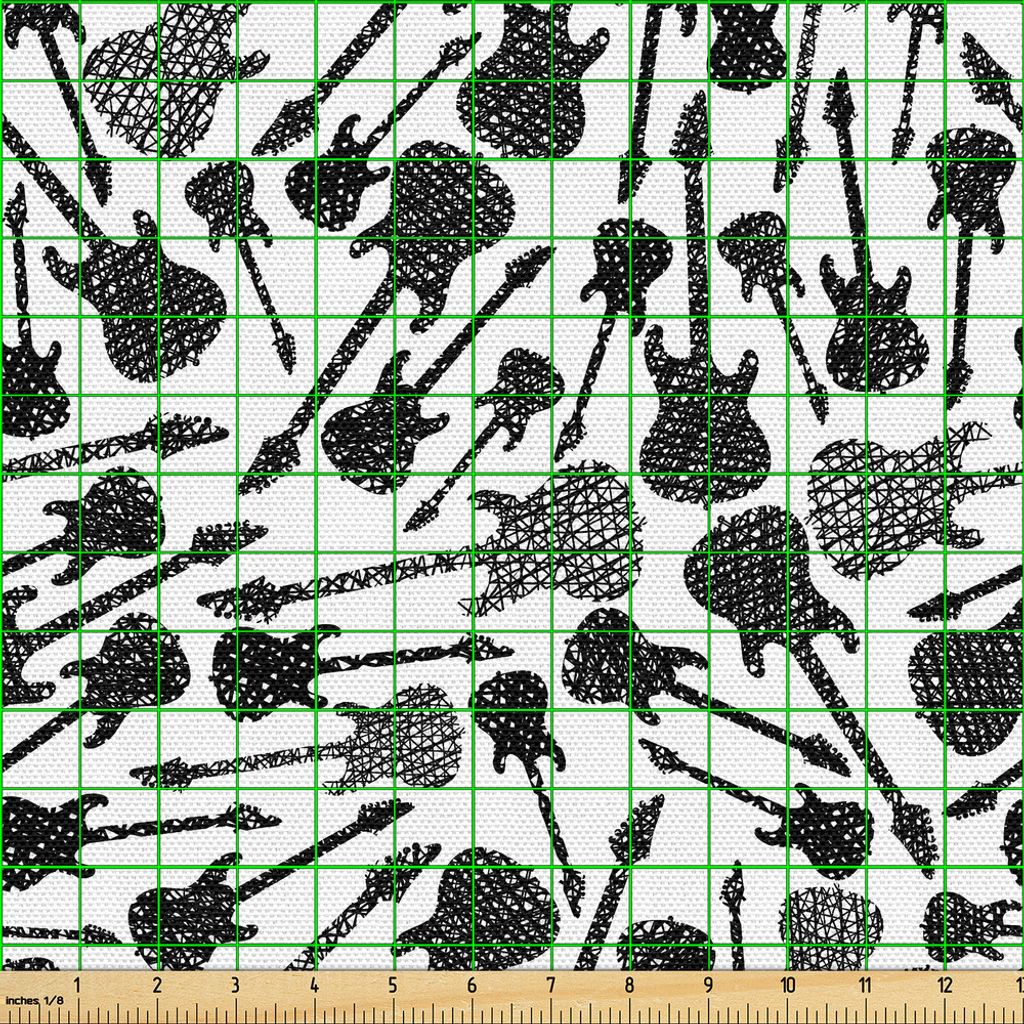 ABAKUHAUS Musik Gewebe als Meterware, Grunge Style Hand gezeichnete Art E-Gitarren Sketch Rock Pop Vibes Print, 10 M (148 x 1000 cm), Schwarz Weiß...
