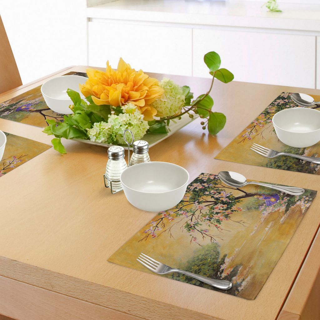 ABAKUHAUS Landschaft Platzmatten, Ölgemälde Acryl wie Bild Blütenblatt fällt in der Nähe von Fluss mit Mädchen Kunst, Tiscjdeco aus Farbfeste...
