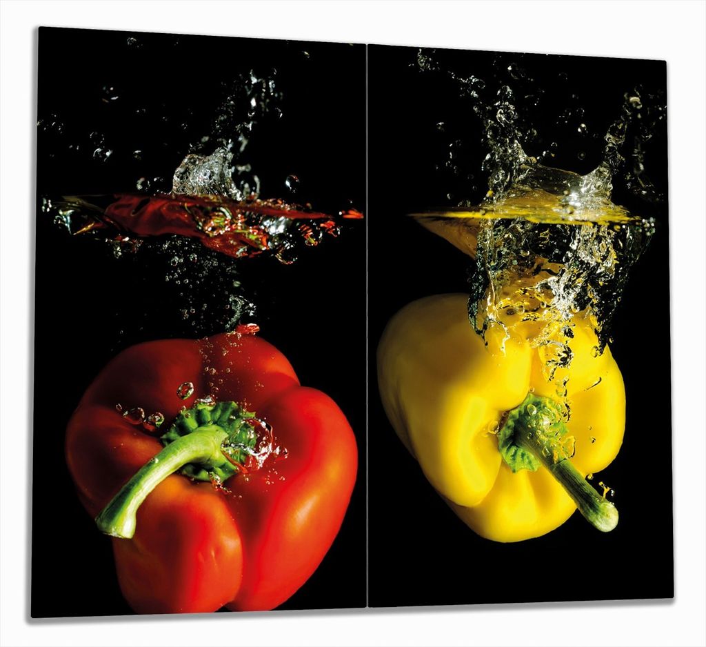 Wallario Herdabdeckplatte aus Glas, Größe 60 x 52 cm 2-teilig, Motiv Bunte Küche Paprika in rot gelb orange und grün im Wasser