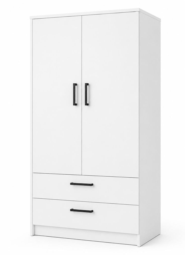 Kleiderschrank 2-türig mit 2 Schubladen – 90 cm Weiß Matt