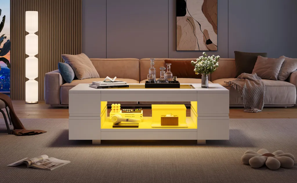 Sweiko Table Basse LED Blanche Bluetooth - Table de Salon Design Moderne - 9
