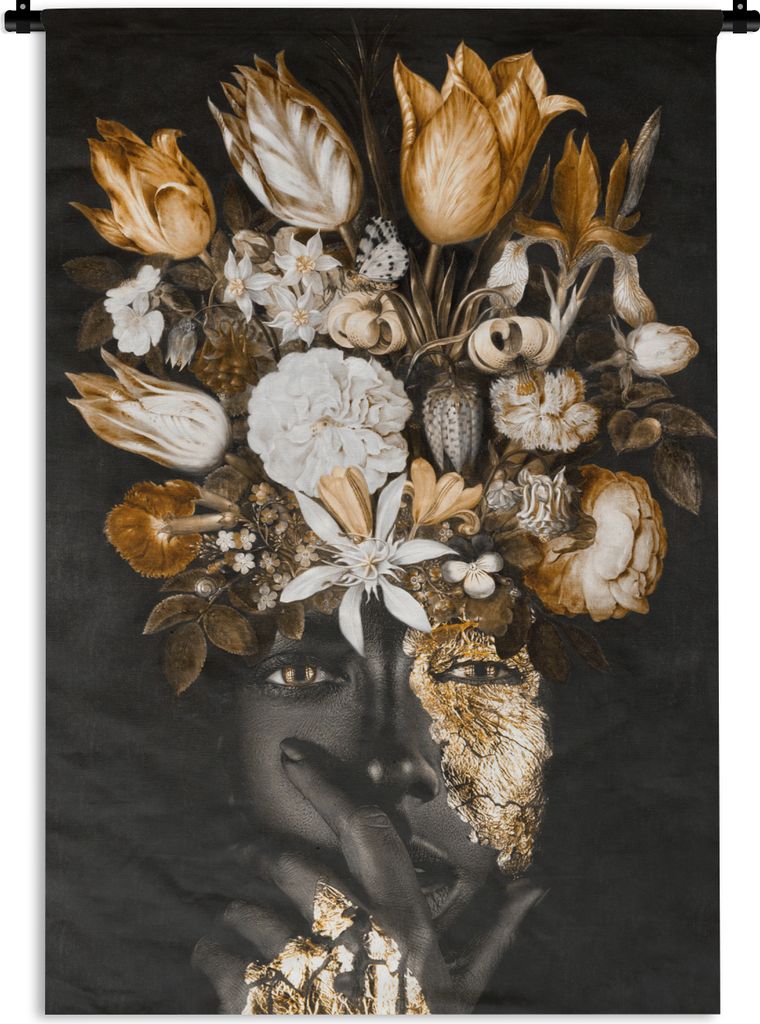 MuchoWow Wandteppich Wandbehang Frau - Blumen - Gold 120x180 cm Tapisserie Dekoration Wandtuch - Schlafzimmer - Dekorationen für das Haus