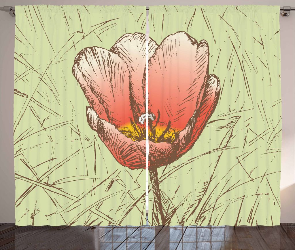 ABAKUHAUS Tulpe Rustikaler Vorhang, Romantische Blumen-Skizze, Wohnzimmer Universalband Gardinen mit Schlaufen und Haken, 280 x 175 cm, Hellgrün C...