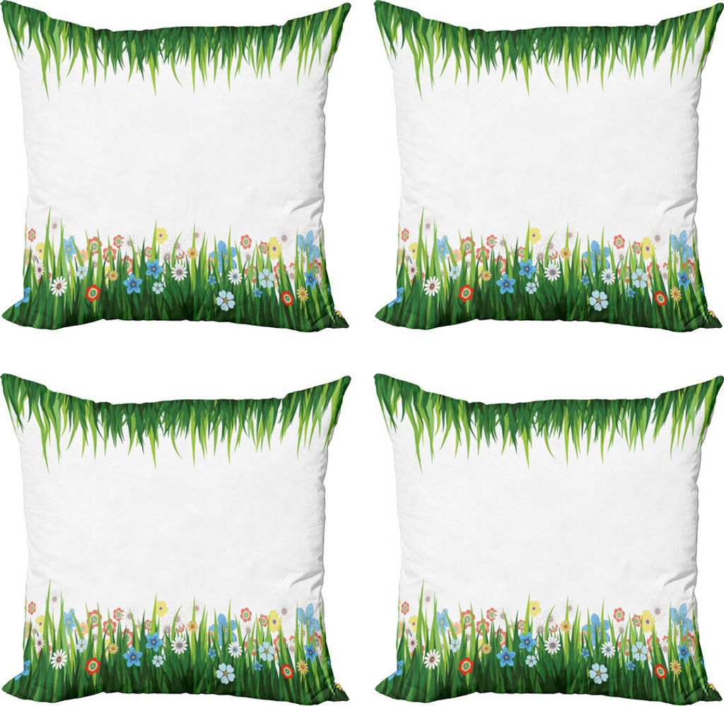 ABAKUHAUS Green Flower Kissenbezug Set (4 Stück), Gras und Blumen, Moderner Doppelseitiger Digitaldruck, 40 cm x 40 cm, Mehrfarbig