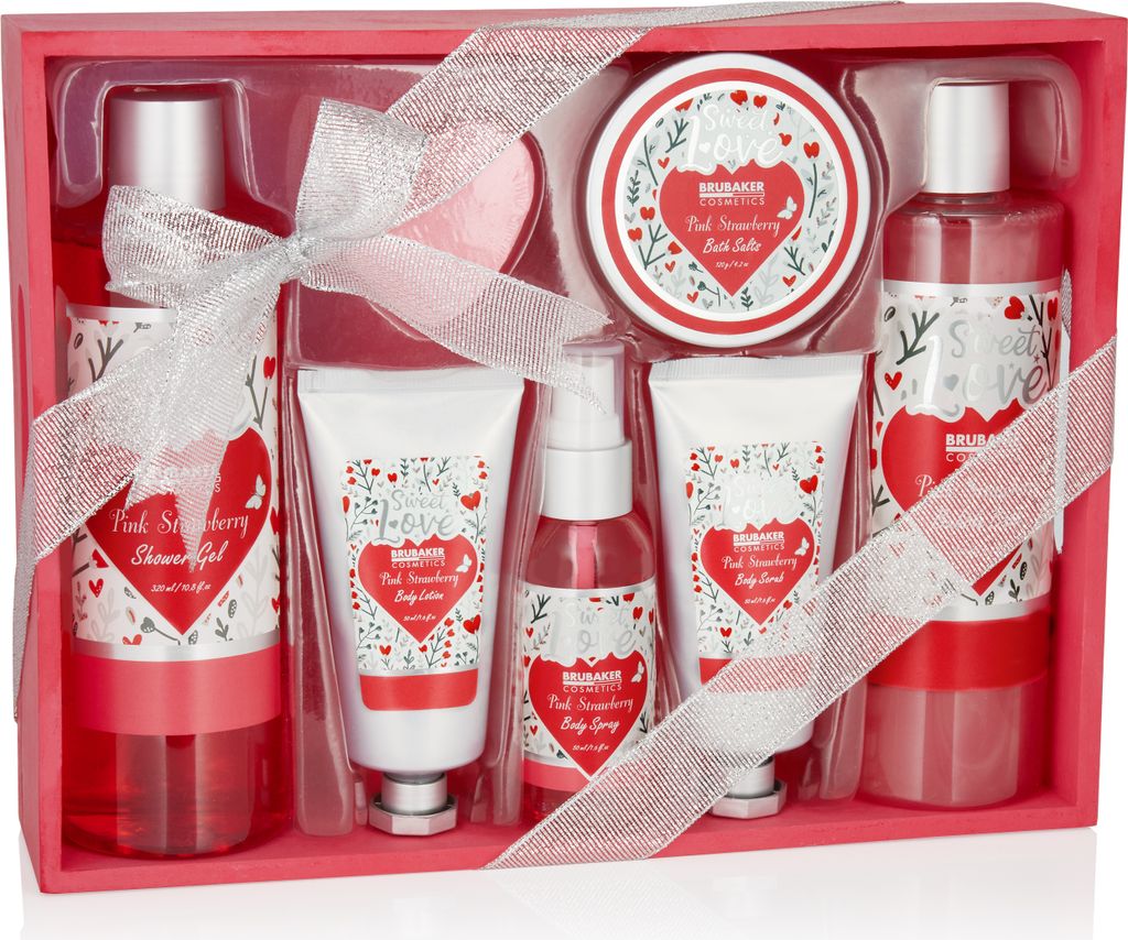 BRUBAKER Cosmetics 8-tlg. Bade- und Dusch Set Erdbeere Sweet Love im Deko Holzkorb - Pflegeset Geschenkset mit Blumen Design - Pink