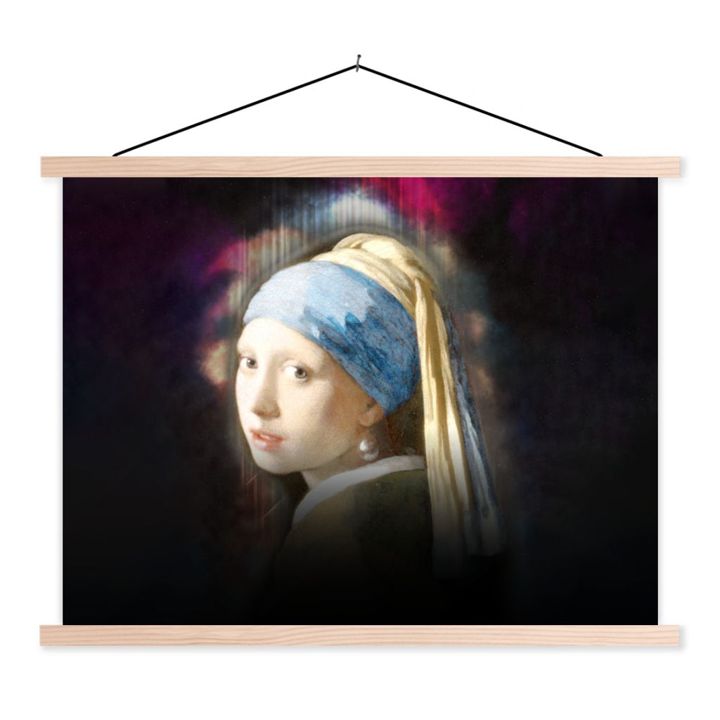 MuchoWow Textilposter Das Mädchen mit dem Perlenohrring - Vermeer - Nebel 150x113 cm mit holzfarbenen Rahmen - Poster