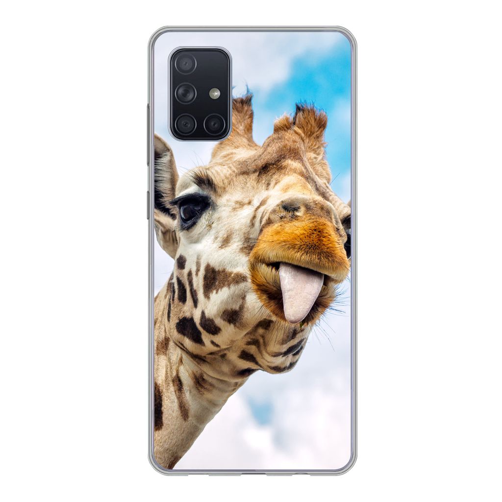 MuchoWow Handyhülle Schutzhülle Hülle für Samsung Galaxy A51 Giraffe - Lustig - Zunge - Kinder - Jungen - Mädchen - Kind Silikon Softcase Ha...