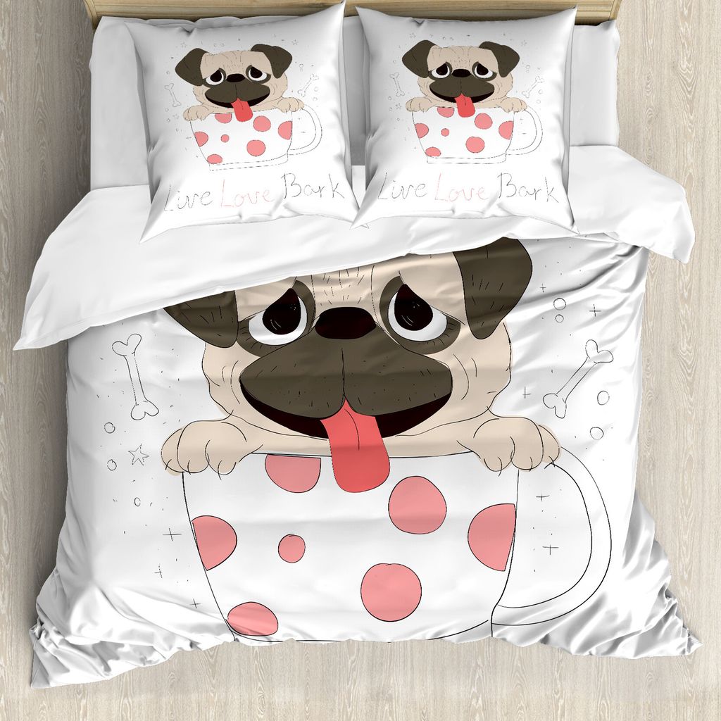 ABAKUHAUS Mops Bettbezug, Live Love Bark Wörter Lustig, Milbensicher Allergiker geeignet mit Kissenbezügen, 200 cm x 200 cm - 80 x 80 cm, Pink Sc...