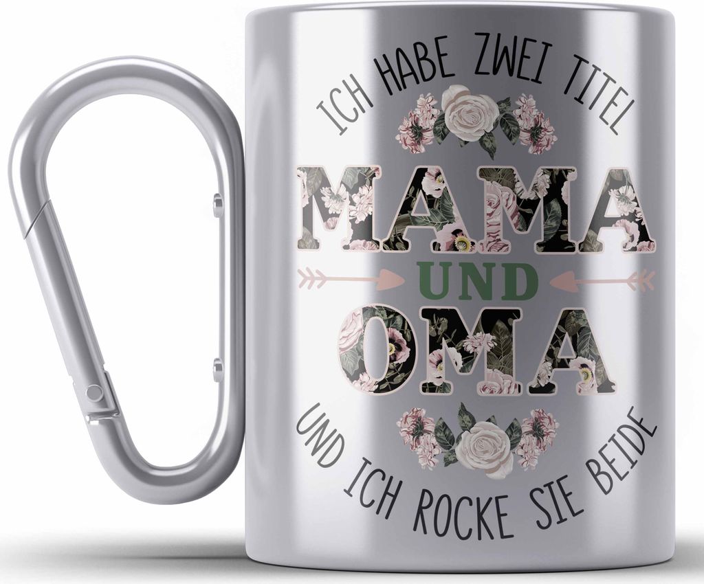Trendation - Mama und Oma Edelstahl Tasse Karabiner Geschenk für Oma Weihnachten Geburtstag Lustige Edelstahl Tasse Karabiner Beste Oma (Silber)